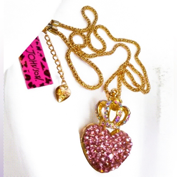 Betsey Johnson Jewelry - Betsey Johnson Gold Crystal Crown Pink CZ Heart Necklace 18”-22” chain NEW NWT